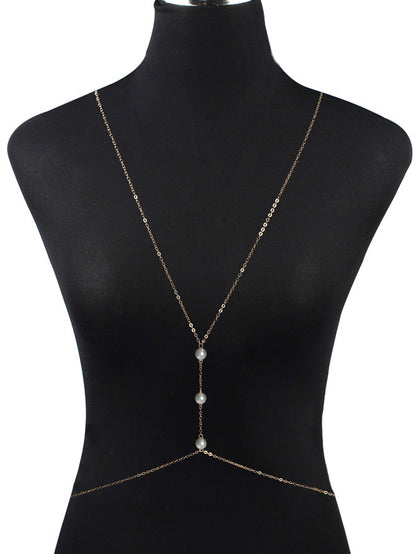 Feelontop Glamorous Pearl Bikini Body Chain Chest Harness Belly Waist Jewellery-0