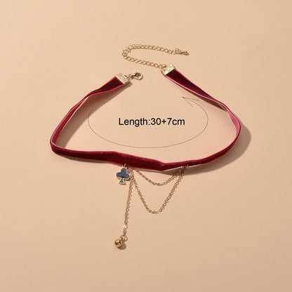 Retro Winered Poker Charm Gold Chain Velvet Tattoo Choker Short Necklace Collar-4