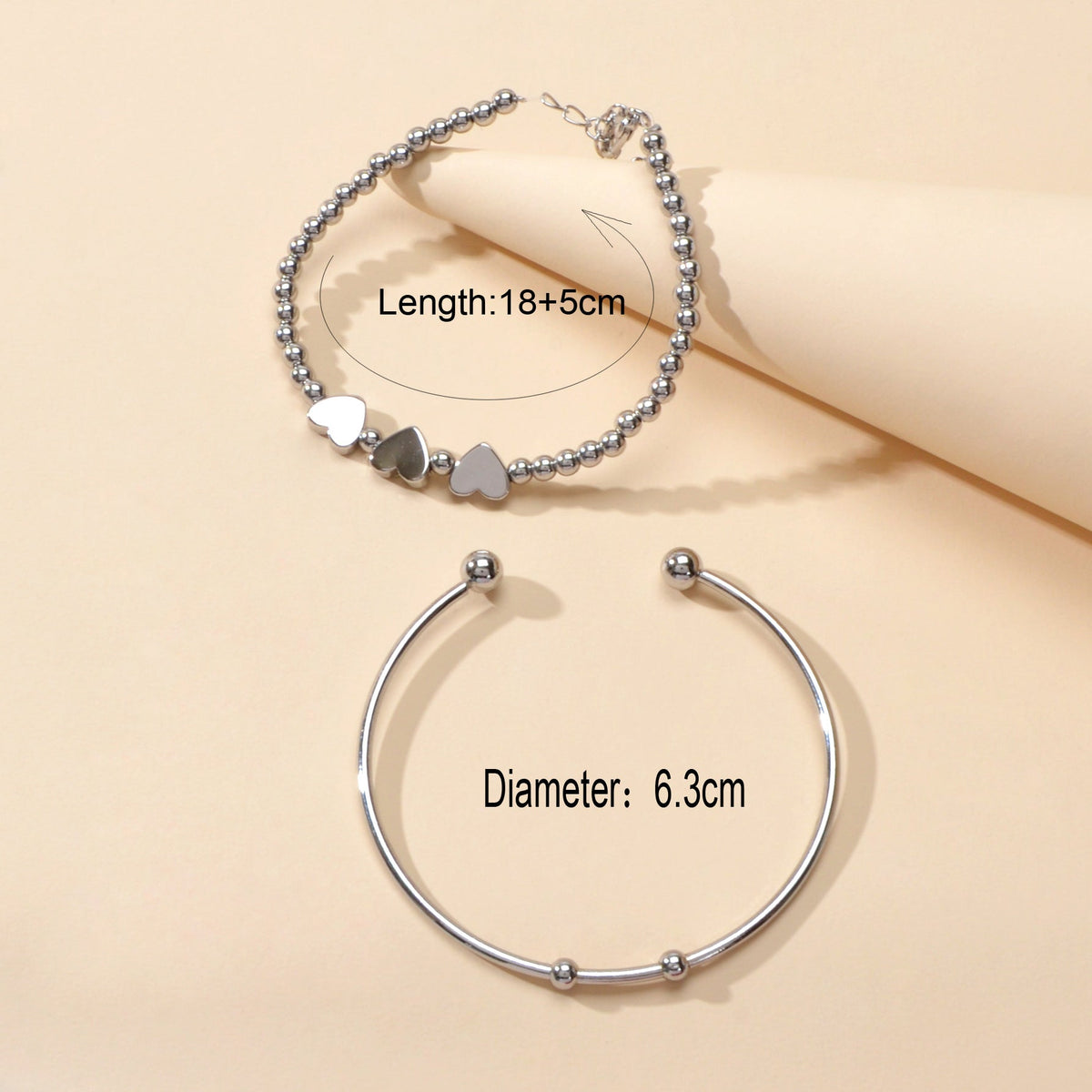 2 pcs Silver Heart Chain Bracelet Open Cuff Bangle Ladies Jewellery Accessories-4
