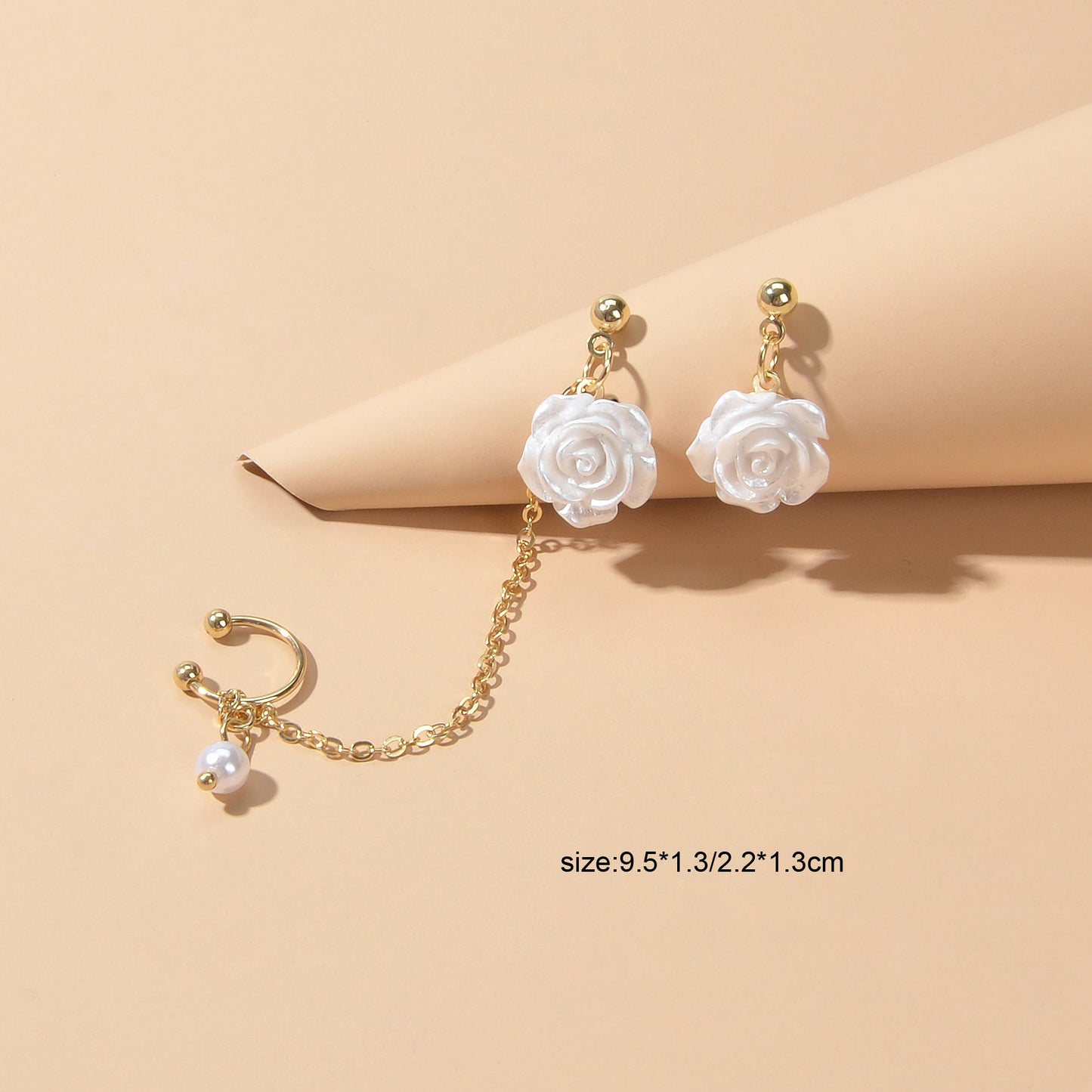 Cartilage Jewelry Pearl White Flower Ear Cuff Stud Cartilage Asymmetric Earrings-4