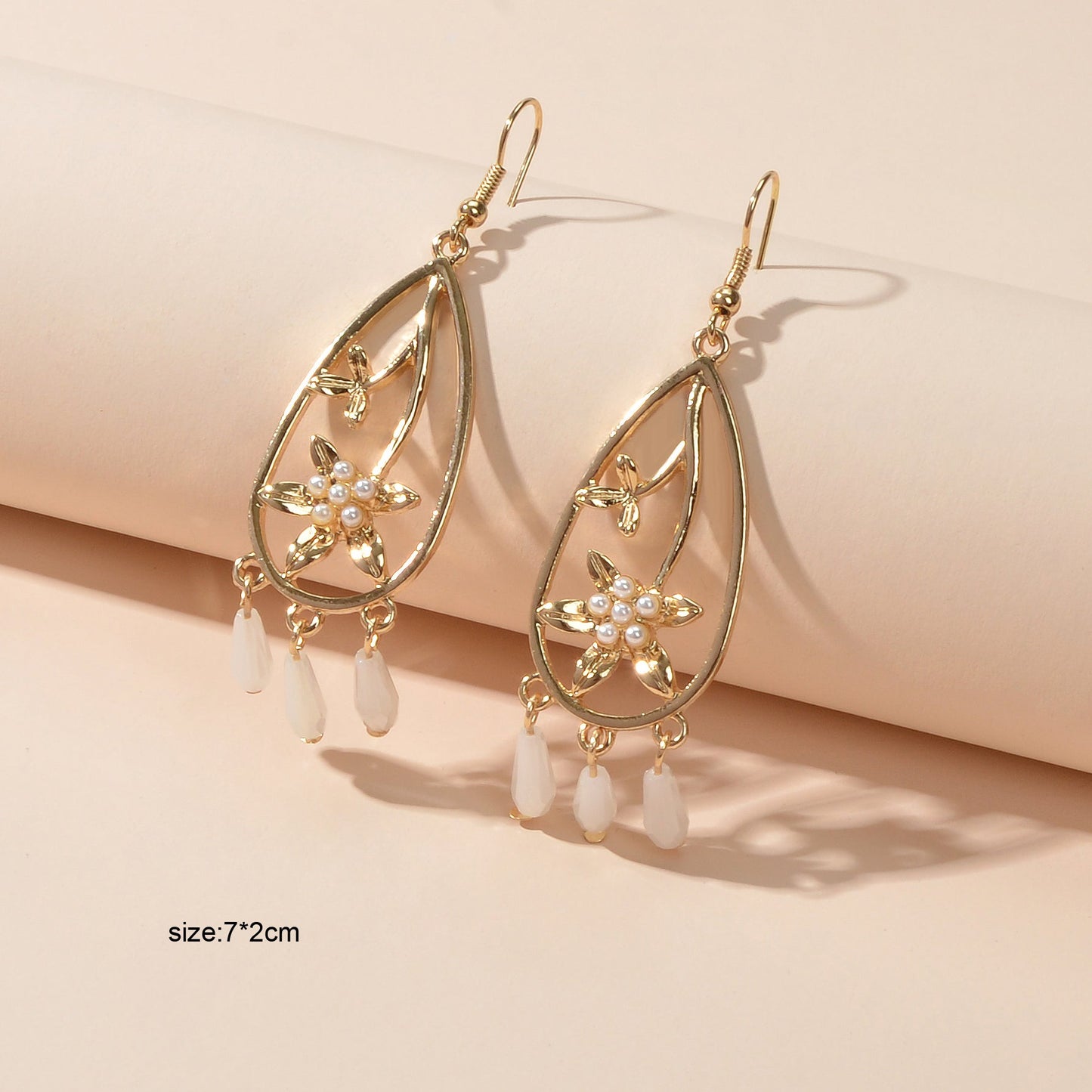 Courtly Style Pearl Flower Beads Charm Hollow Water Drop Dangle Hook Earrings-4