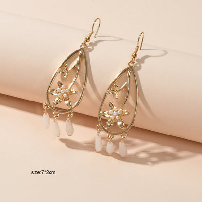 Courtly Style Pearl Flower Beads Charm Hollow Water Drop Dangle Hook Earrings-4