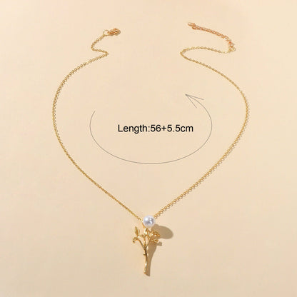 Party Prom Jewelry Golden Chain Imitation Pearl Decor Leaf Branch Pendant Necklace-4