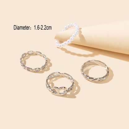 Multiple 4 pcs Elastic Pearl Silver Metal Knuckle Letter Midi Finger Rings Set-3