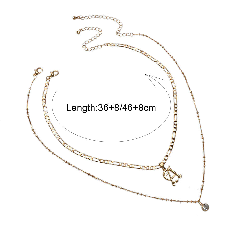 2 pcs Gold Chain Rhinestone Letter A Pendant Double Layer Necklace Women Jewelry-4