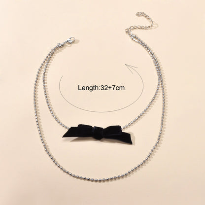 Retro Rhinestone Double layer Popcorn Silver Chain Black Velvet Bowknot Necklace-4