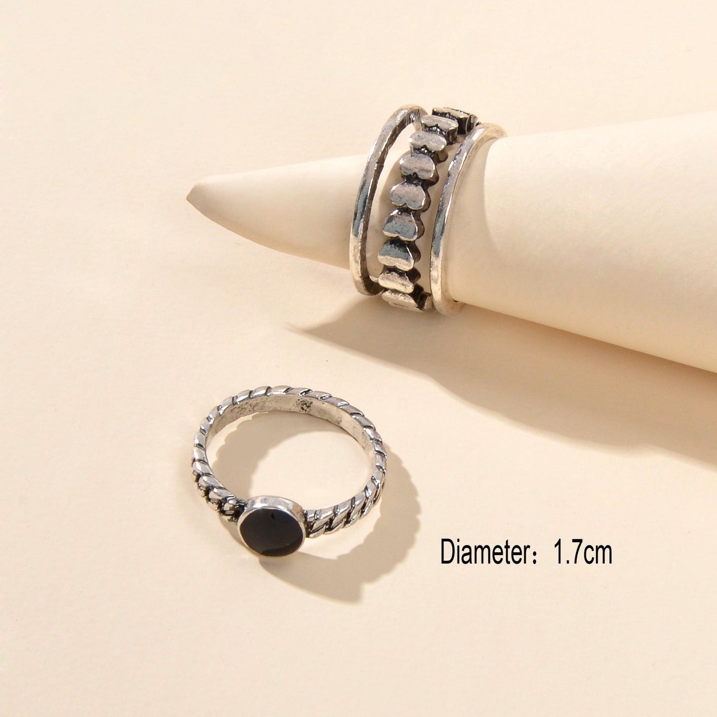 2pcs Oxidized Intricate Antique Silver Black Heart Stackable Multiple Ring Set-3
