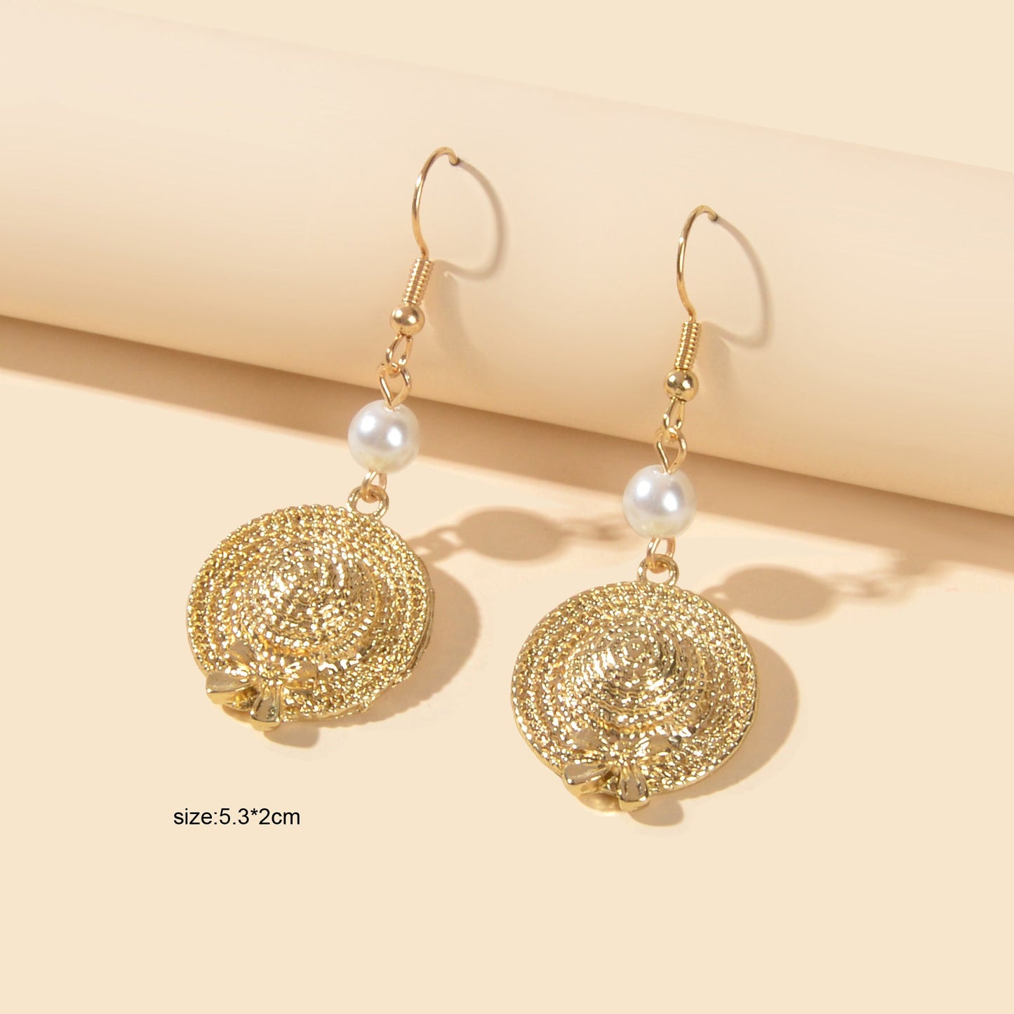 Female Jewellery Pearl Gold Straw Hat Bowknot Dangle Earrings for Party Holiday-1