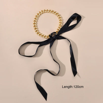 Punk Retro Chain Black White Long Ribbon Bowknot Collar Choker Women Necklace-4