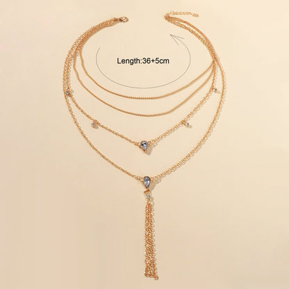 Statement Jewellery Rhinestone Multi-layer Gold Chain Tassel Pendant Necklace-4