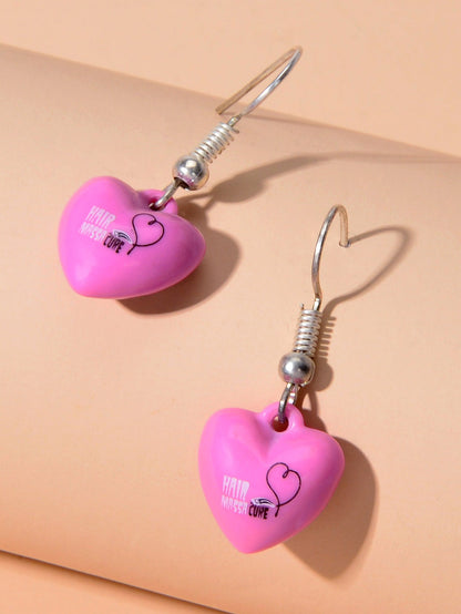Valentine's Day Women Girl Hotpink Heart Dangle Love Earrings Party Decoration-3