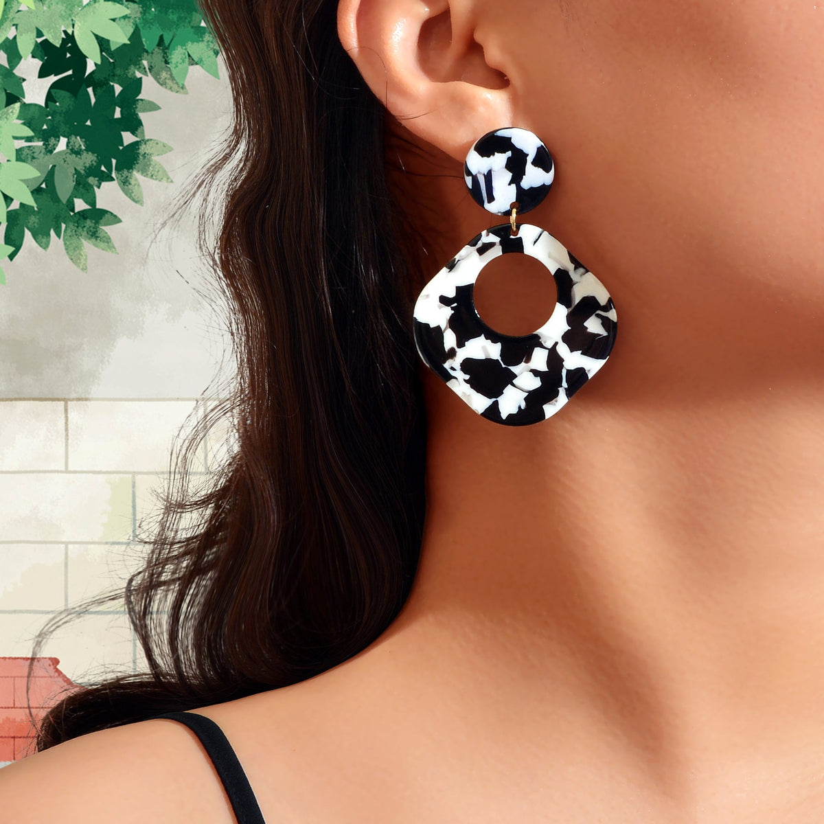 Retro White Black Acrylic Tortoise Resin Round Square Dangle Earrings Daily Officework Party Jewelry-0