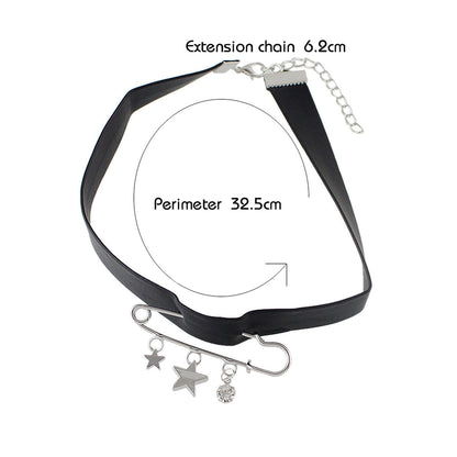 Grunge Rock Black Pu Leather Star Charm Pin Tattoo Choker Hippie Necklace Collar-3