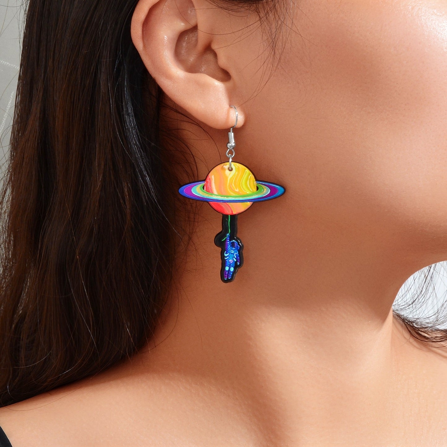 School Sport Style Colorful Acrylic Space Series Astronaut Planet Dangle Earring-1