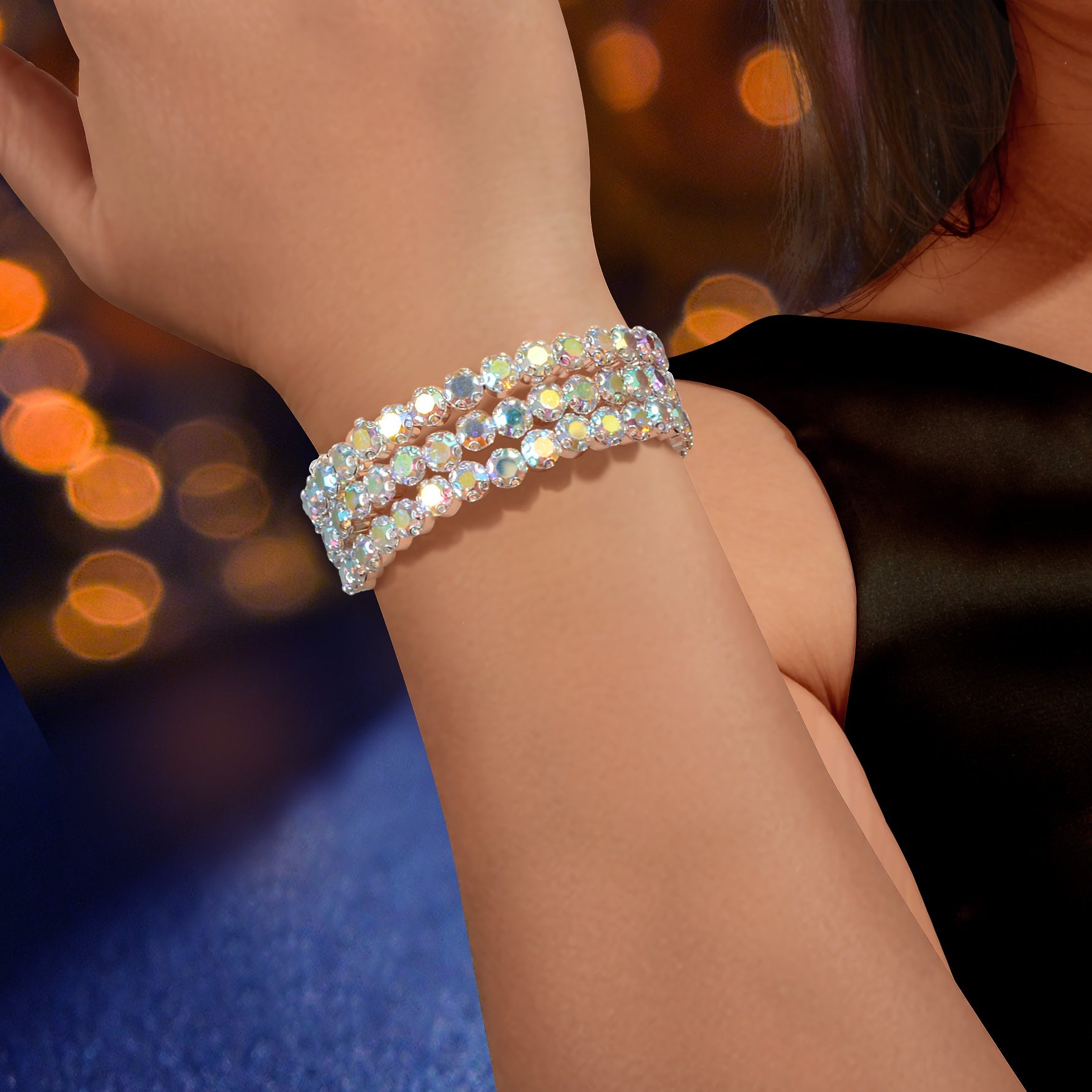 Luxurious Sparkling Zircon Decor Silver Layered Bracelets Bangle Wedding Jewelry-0