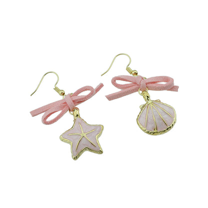 Asymmetric Design Pink Bowknot Enamel Shellfish Starfish Drop Boho Chic Earrings-4