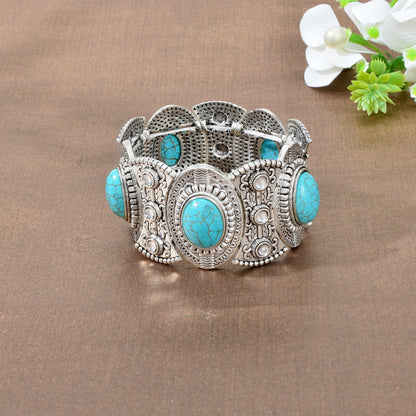 Turquoise Decor Carved Antique Silver Wide Chunky Bohemia Elastic Bangle-4