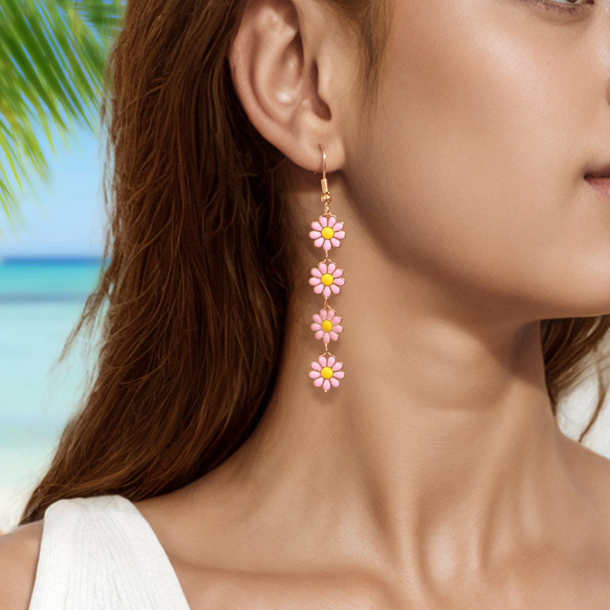 Sweet Pink Flower Long Pendant Dangle Earrings Women Daily Festival Jewelry Gift-0