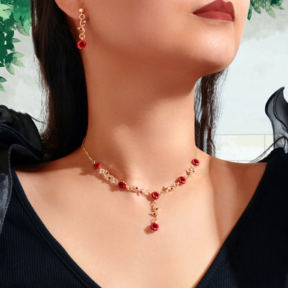 Golden Leaf Red Hot Pink Flower Pendant Necklace Dangle Earrings Jewellery set-0