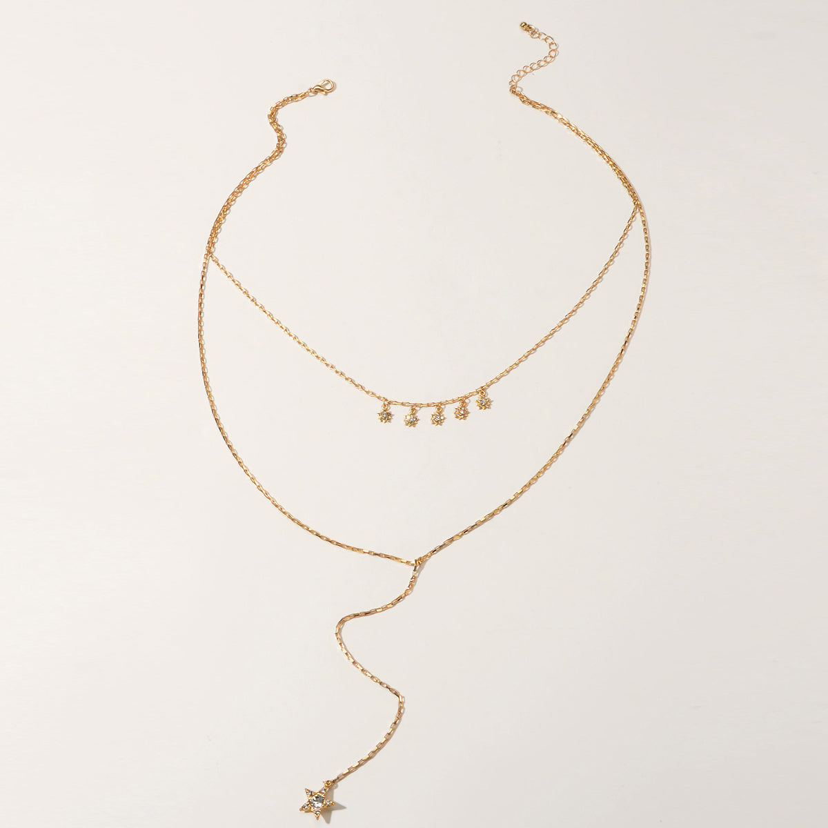 Trendy Jewellery Rhinestone Double layer Gold Chain Star Charm Y shape Necklace-3