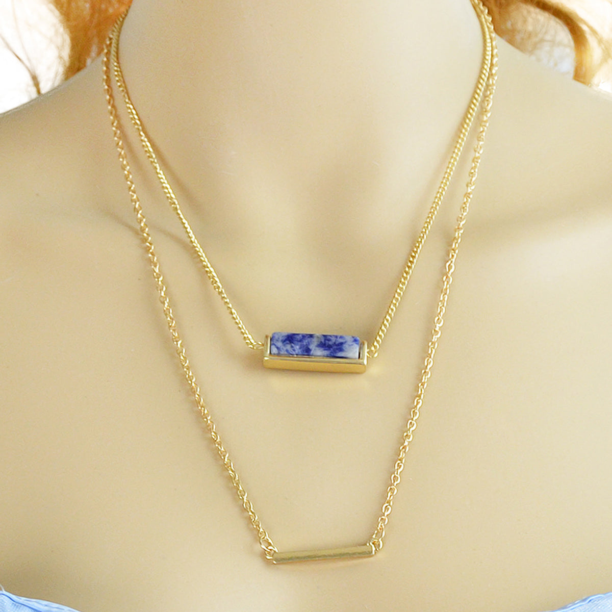 Boho Chic Jewellery Multi layer Gold Chain with Bar Blue Stone Pendant Necklace-0