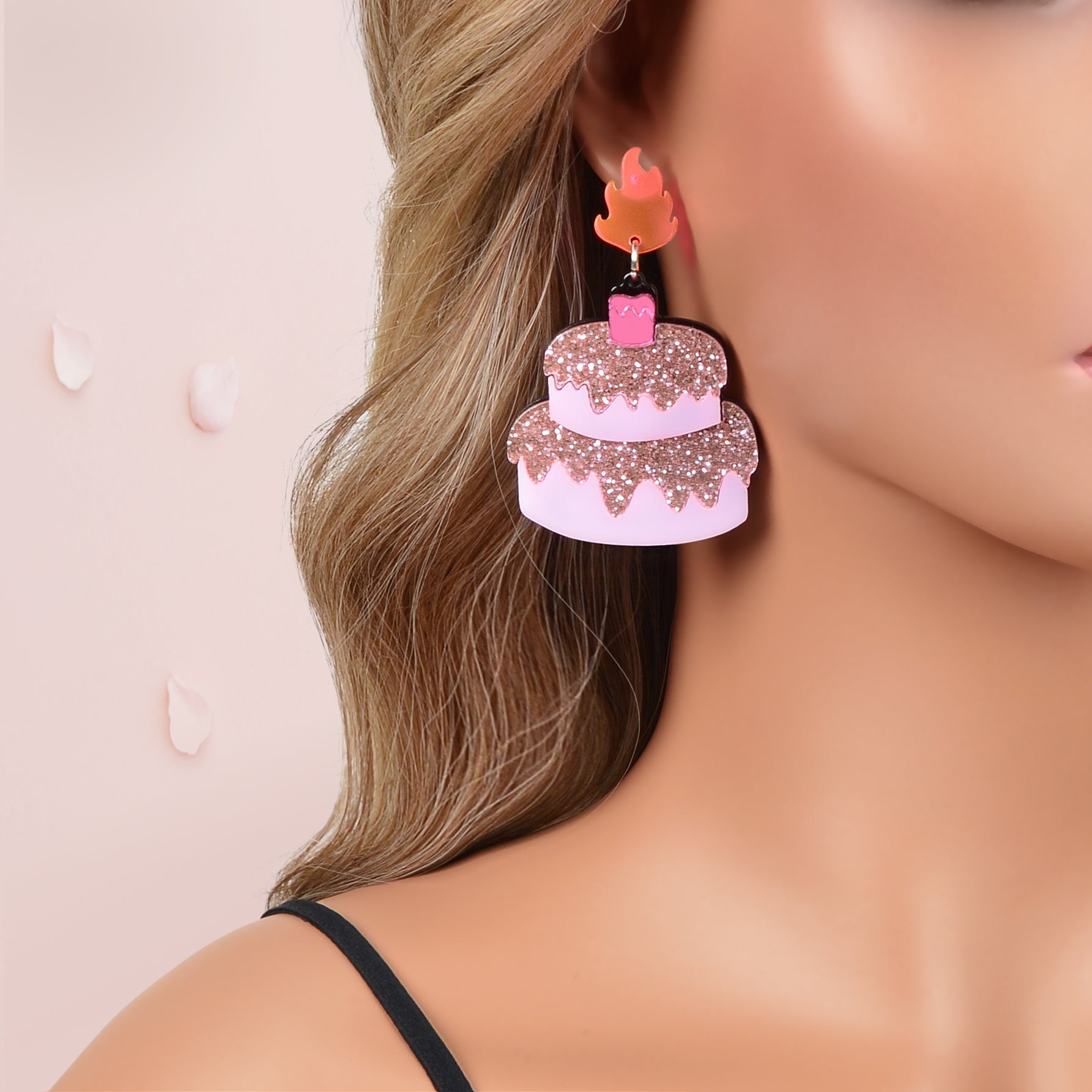 Sweet Sequin Decor Pink Acrylic Cake Dangle Earrings for Women Party Jewellery-0