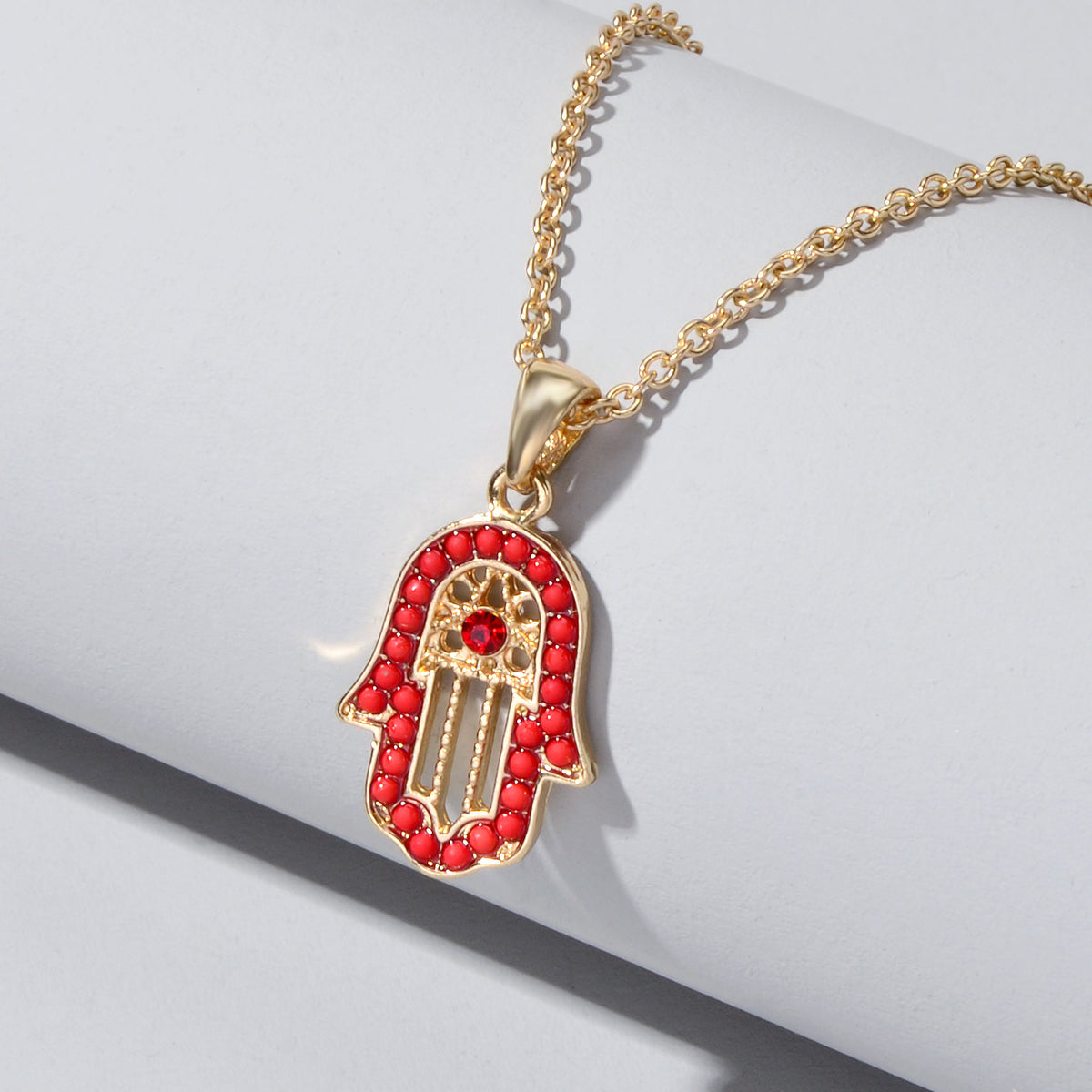Gold Chain Red Beads Hamsa Hand Charm Necklace Good Luck Success Amulet Jewelry-1