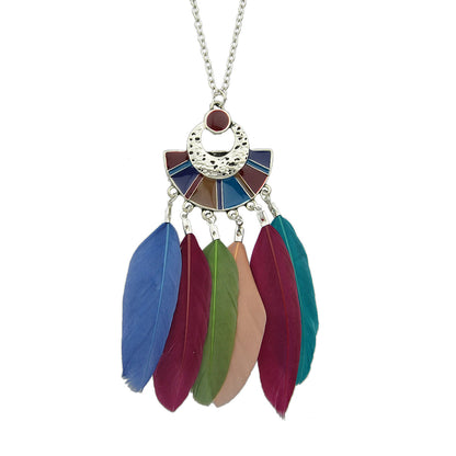 Ethnic Bohemian Traditional Jewellery Silver Long Chain Feather Shape Necklace-2