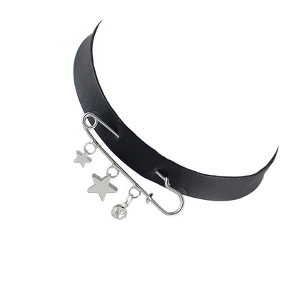Grunge Rock Black Pu Leather Star Charm Pin Tattoo Choker Hippie Necklace Collar-1
