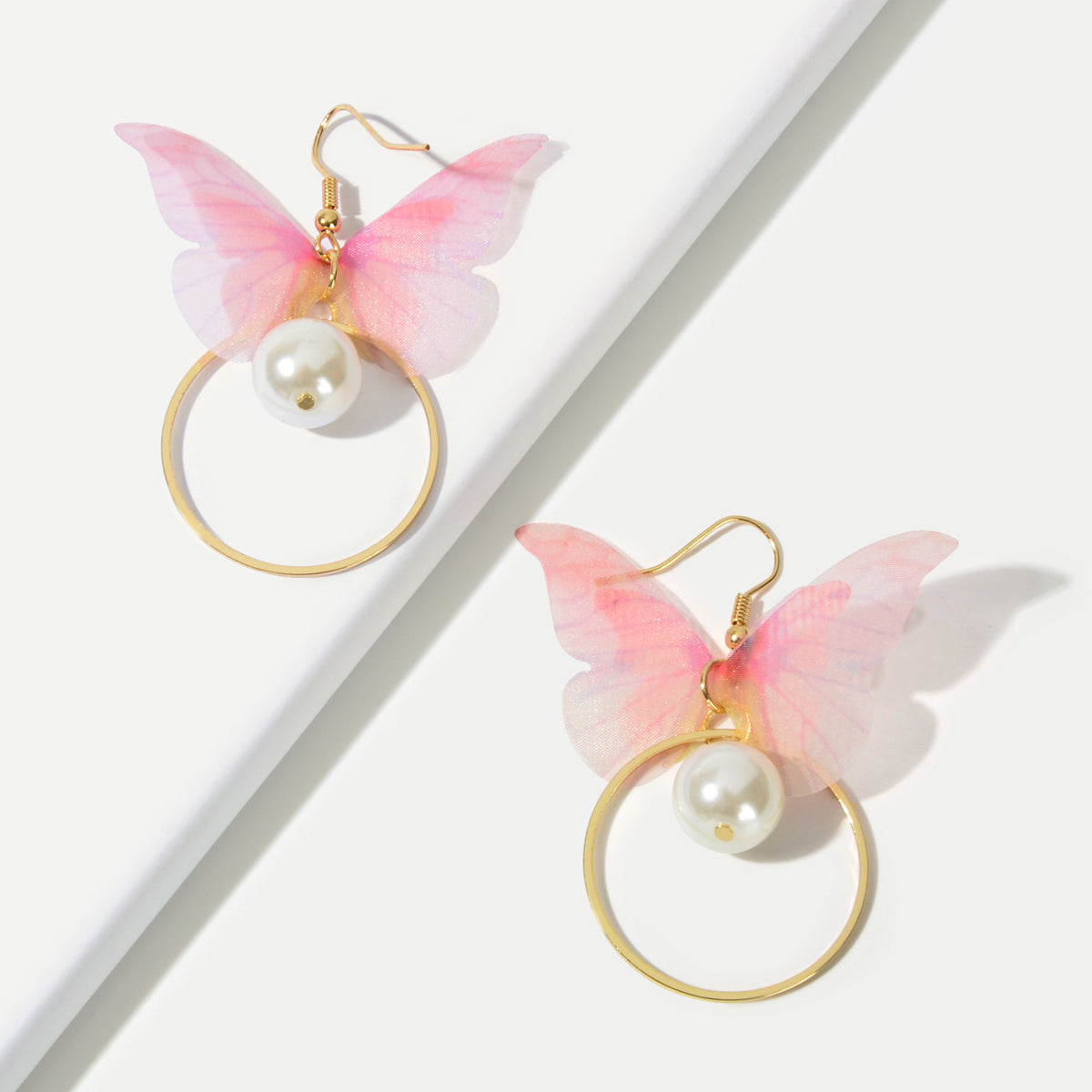 Pearl Beads Gold Circle Pink Butterfly Charm Earrings Best Friends Funny Gifts-1