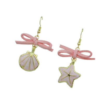 Asymmetric Design Pink Bowknot Enamel Shellfish Starfish Drop Boho Chic Earrings-1