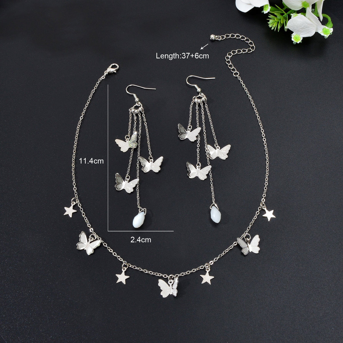 Silvery Chain Star Butterfly Charm Necklace Long Chain Tassel Butterfly Earrings Party Jewelry set-2