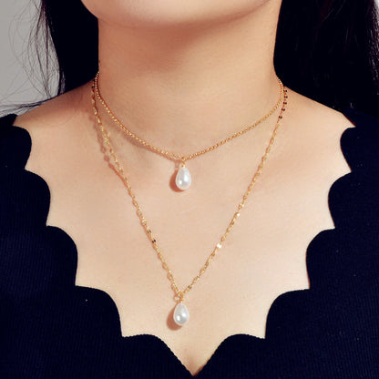 Fashion Double-layer Gold Chain Imitation Pearl Pendant Necklace Gift Jewelry-0
