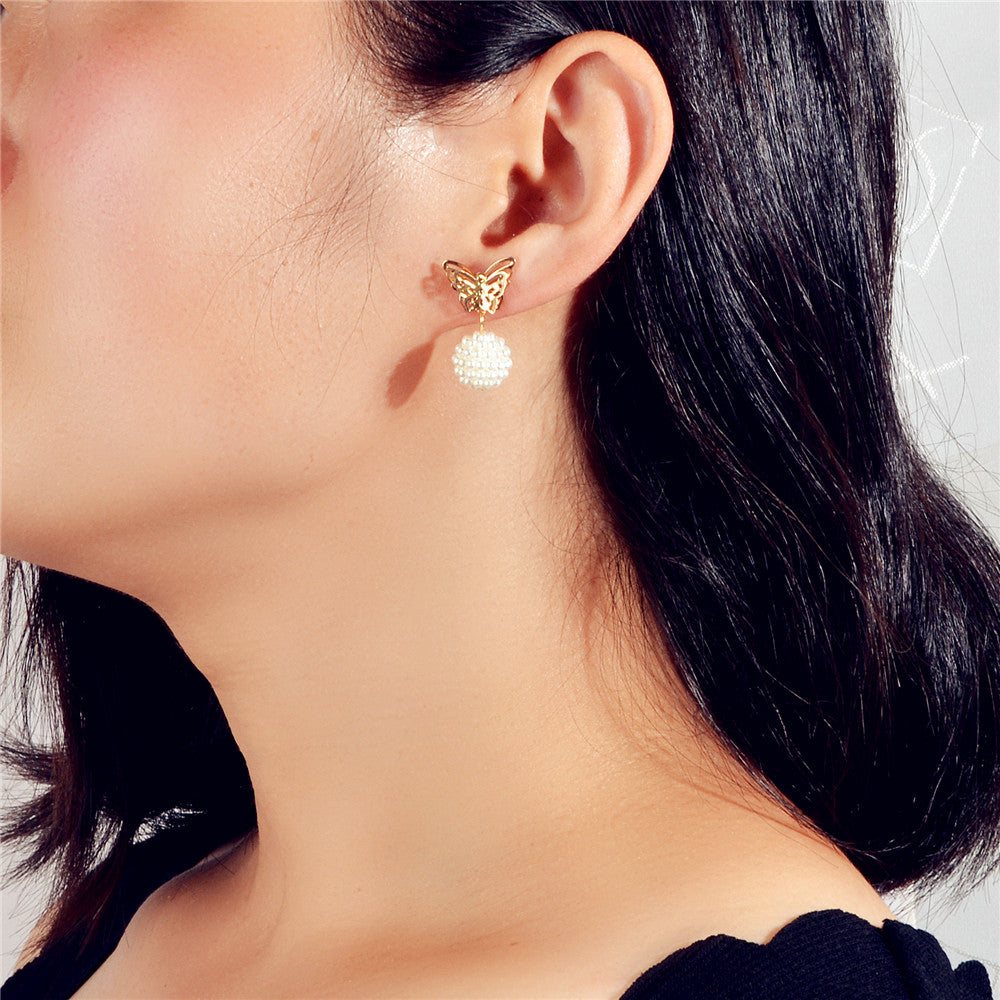 Faux Pearl Ball Gold Tone Butterfly Stud Earrings Women Teens Textured Jewellery-4
