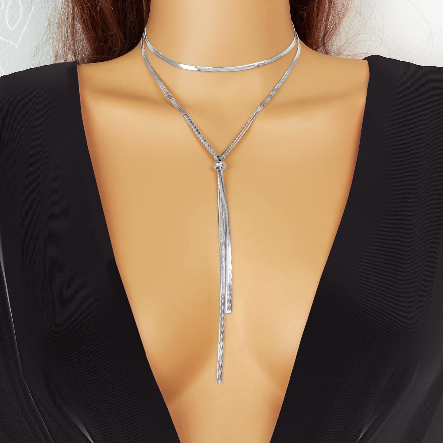 Minimalist Silvery Snake Chain Stainless Steel Y Style Adjustable Necklace Women-0