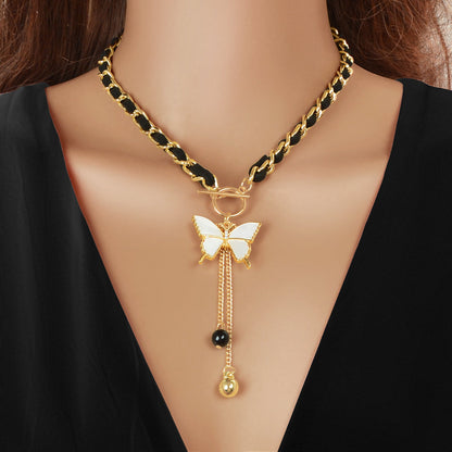 1pc Designer Stylish Butterfly Charm and Ball Pendant Tassel Braided Long Necklace Women Party Daily Jewelry-3