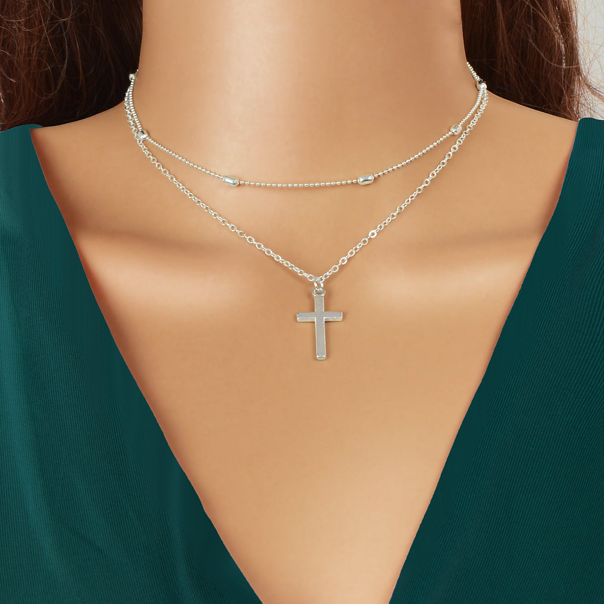 Punk Rock Style Double Layered Silvery Chain Cross Pendant Necklace Women Party Daily Jewelry-0