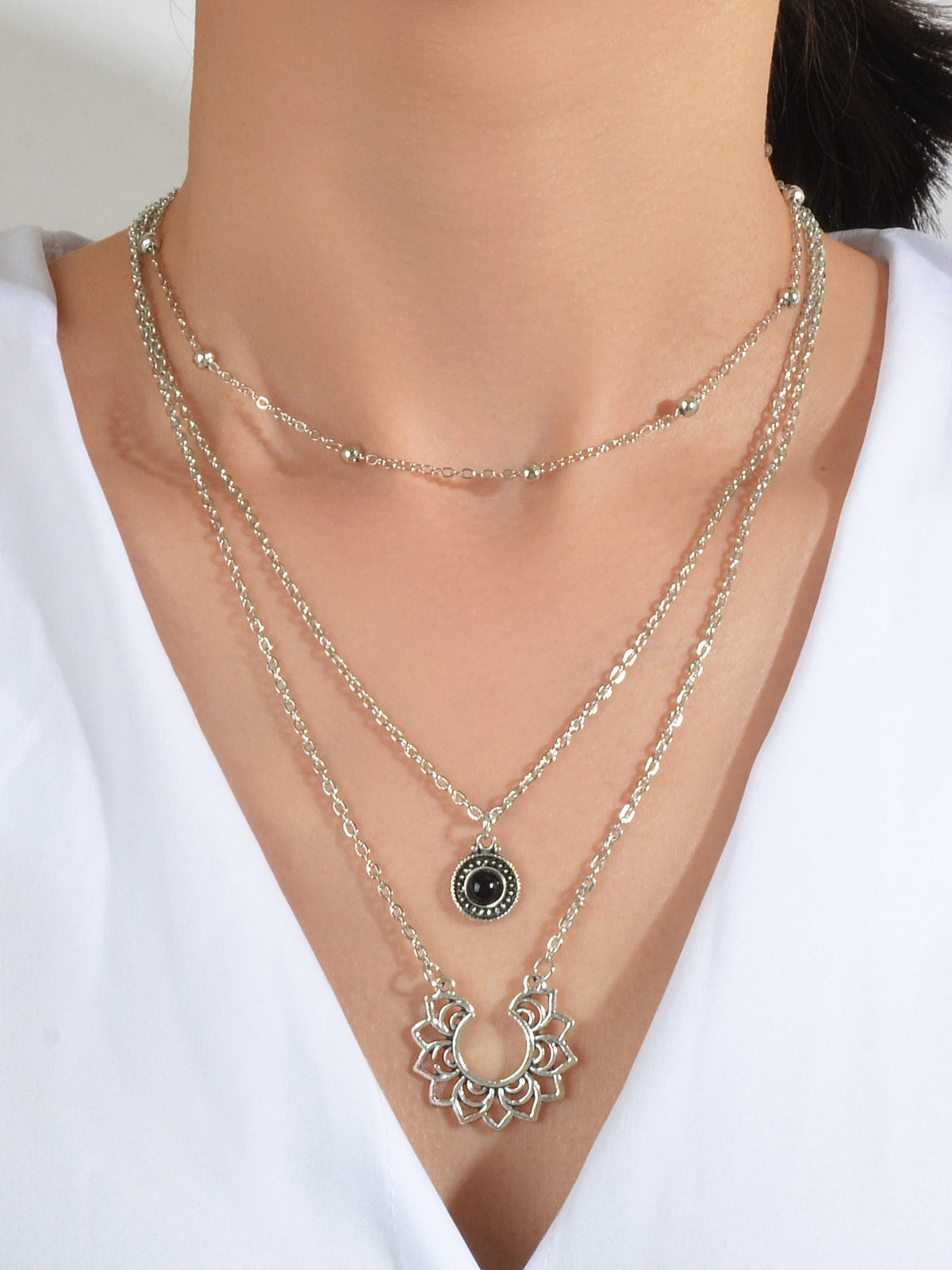 Tribal Ethnic Silver Multi-layer Chain Black Beads Geometric Pendant Necklace-3