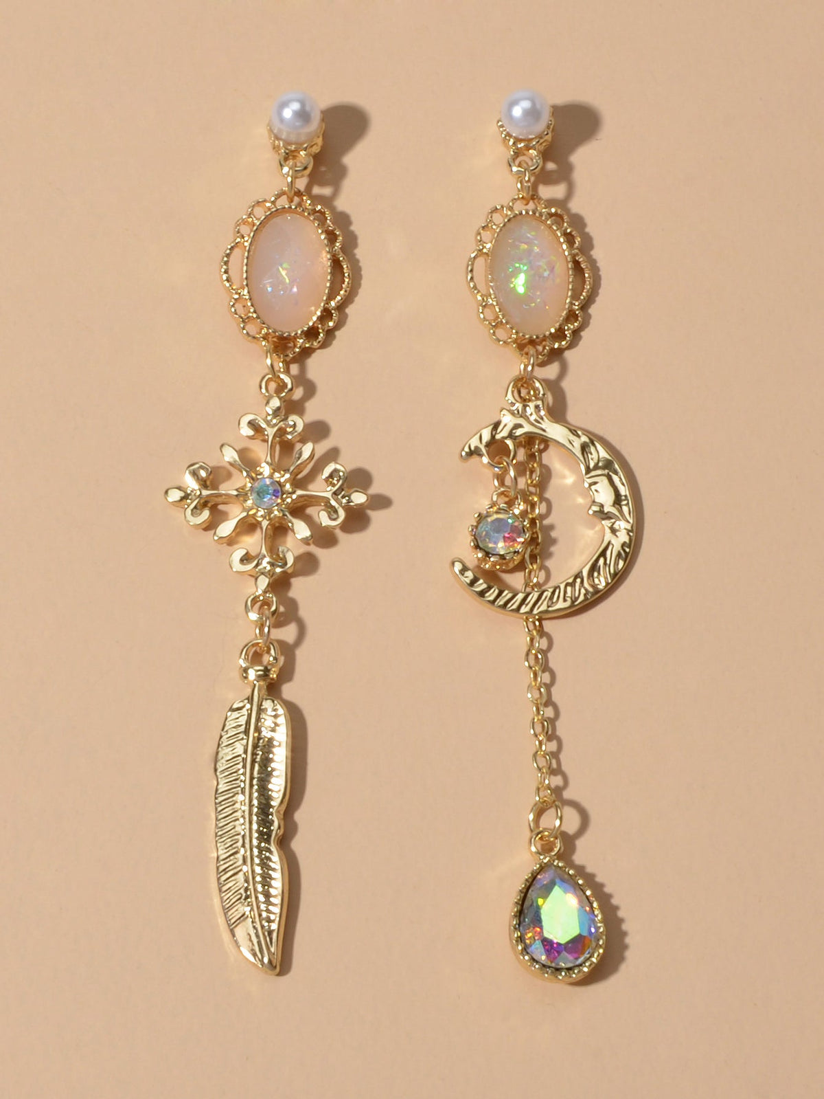 AU Local Rhinestone Moon Feather Snowflake Waterdrop Asymmetric Stud Earrings-2