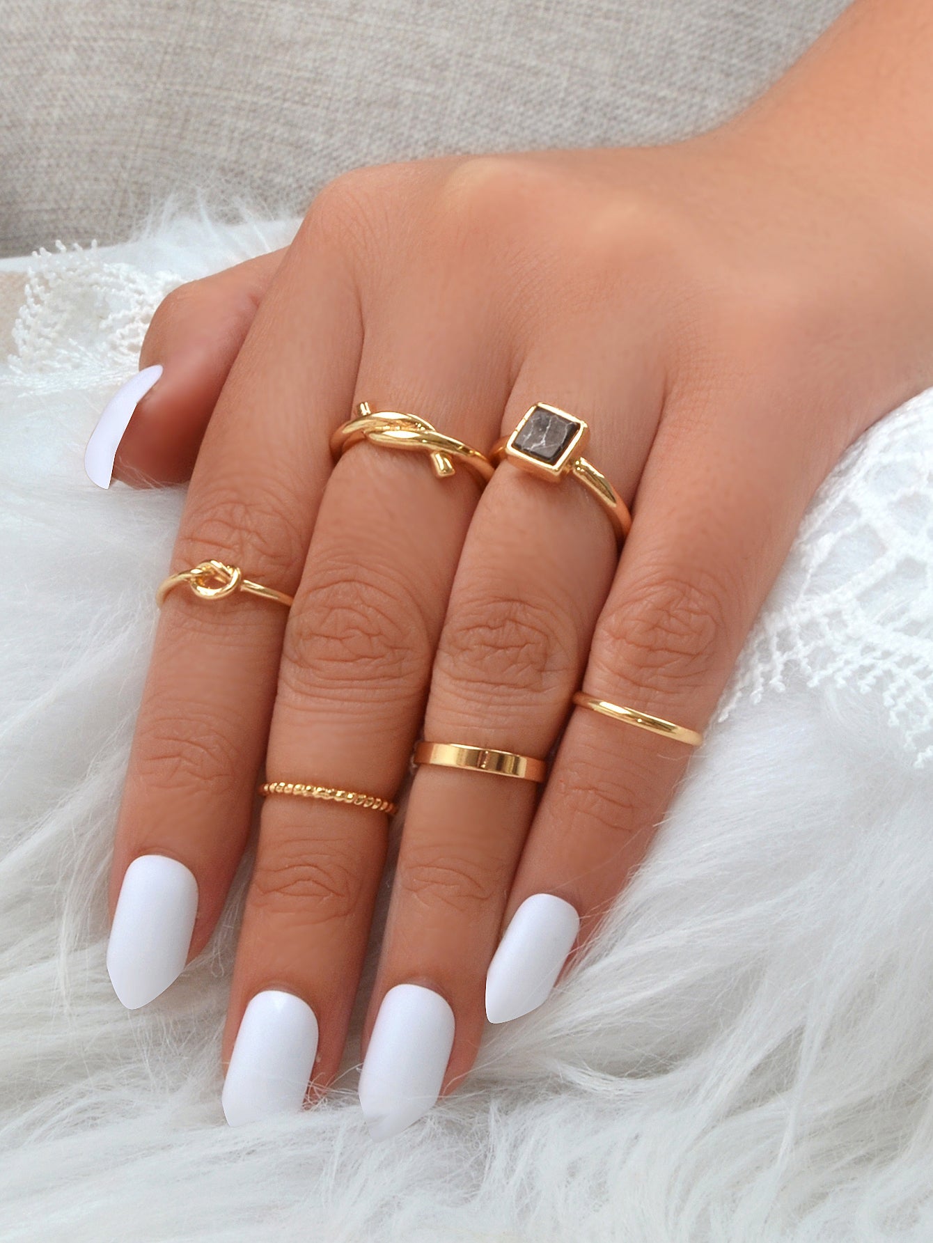 6 pcs Fashion Jewellery Black Stone Decor Gold Silver Midi Finger Knuckle Rings-3