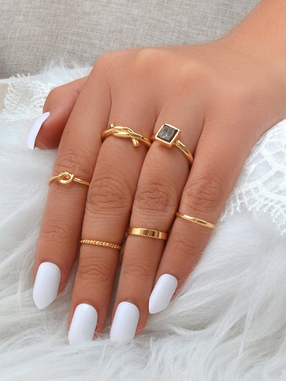 6 pcs Fashion Jewellery Black Stone Decor Gold Silver Midi Finger Knuckle Rings-3