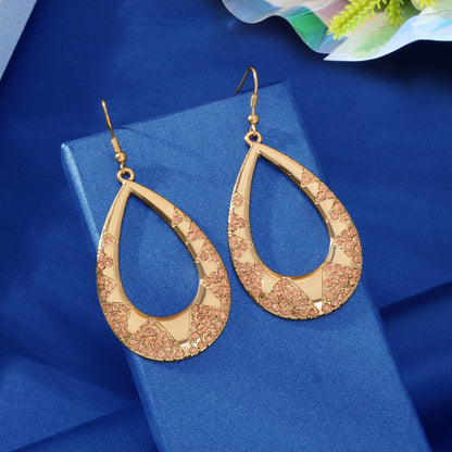 Luxurious Sparkling Pink Rhinestone Decor Golden Hollow Water Drop Earrings Party Wedding Jewelry-2