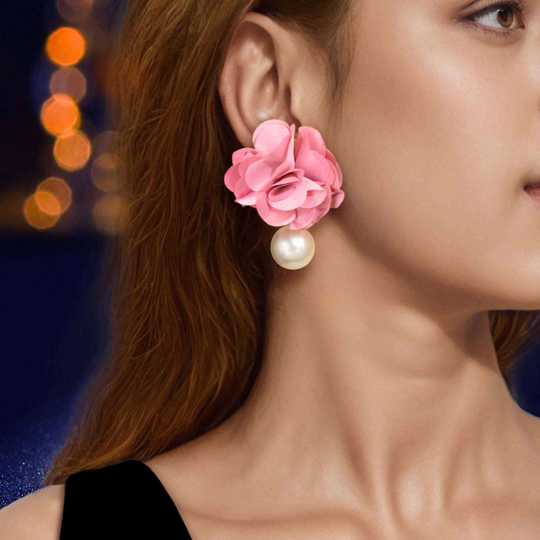 Romantic Imitation Pearl Decor Pink Flower Dangle Earrings Party Prom Jewelry-0