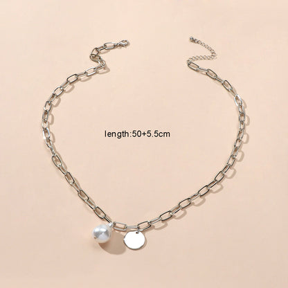 Trendy Jewelry Silver Chain Pearl Disc Charm Necklace Party Decoration for Women-4