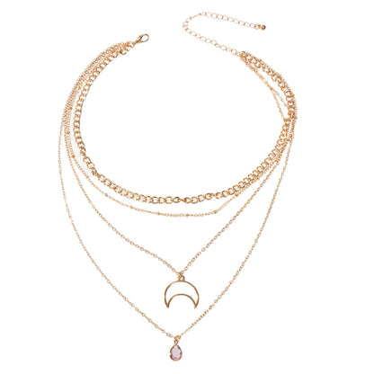 Multi-layer Gold Tone Chain Moon Water Drop Pendant Necklace Girls Party Jewelry-4