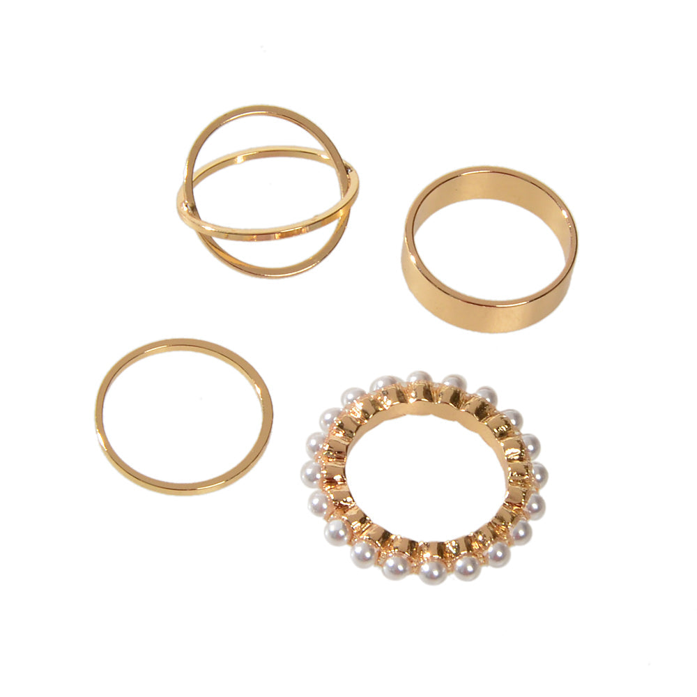4 pcs Fashion Jewellery Pearl Decor Gold Geometric Midi Finger Knuckle Rings set-0