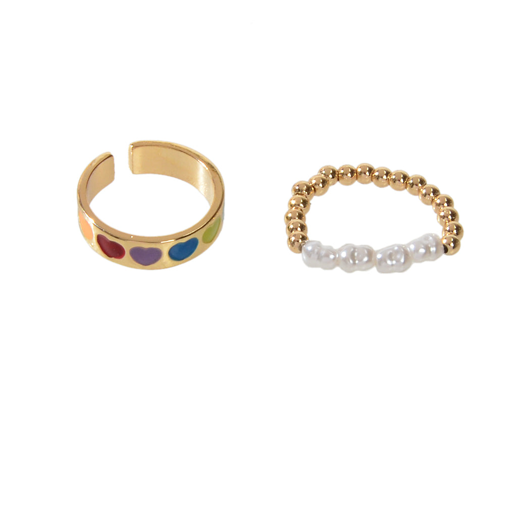 2 pcs Pearl Decor Elastic Ring Colorful Love Heart Enamel Finger Rings Jewellery-0