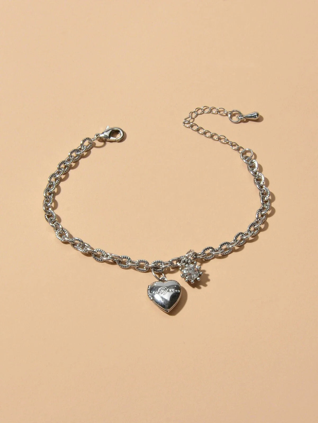 Anniversary Wedding Jewellery Silver Chain Rhinestone Decor Heart Charm Bracelet-3
