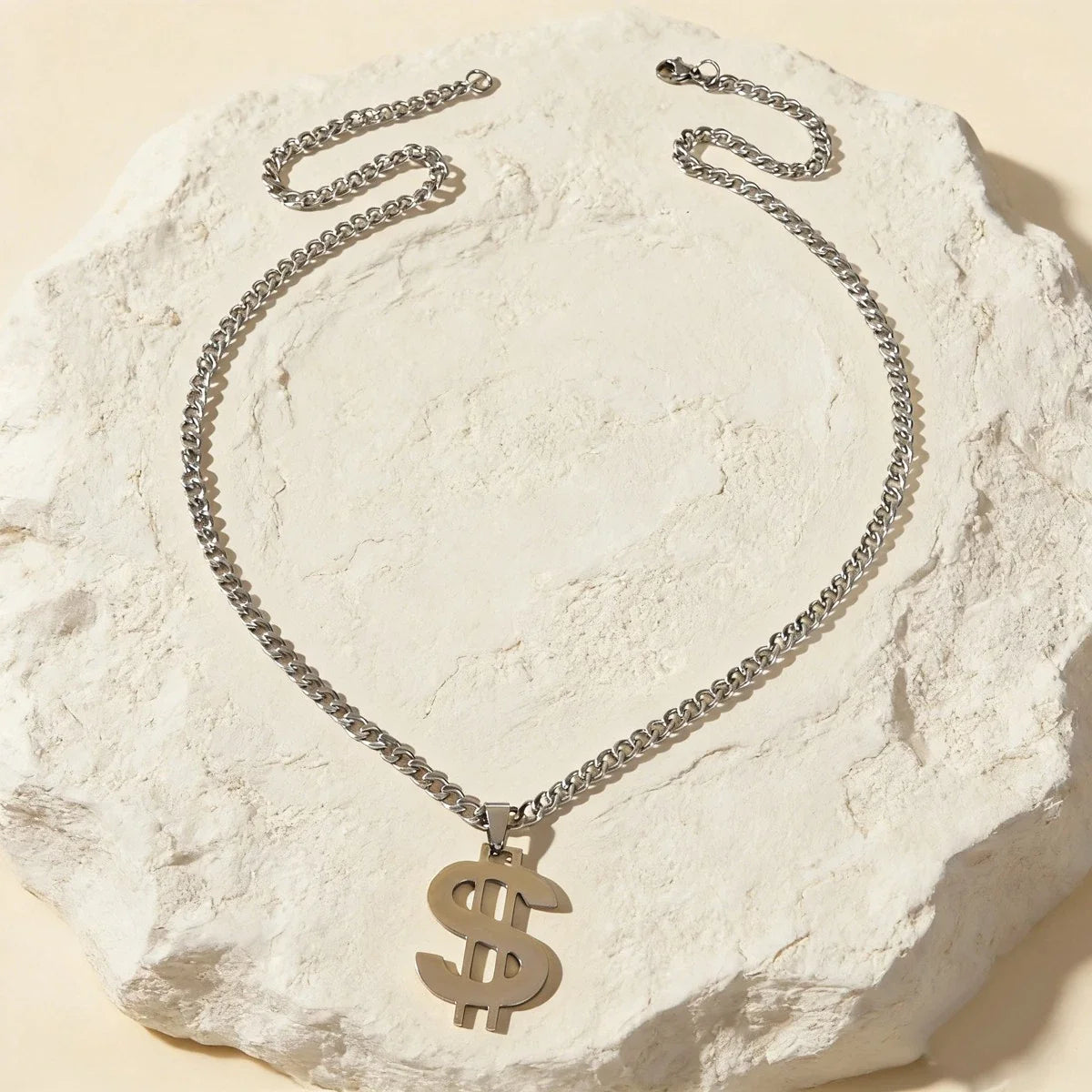 Silver Dollar Sign Pendant Necklace Hip Hop Punk Cuban Link Chain Men Jewellery-4