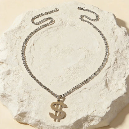 Silver Dollar Sign Pendant Necklace Hip Hop Punk Cuban Link Chain Men Jewellery-4